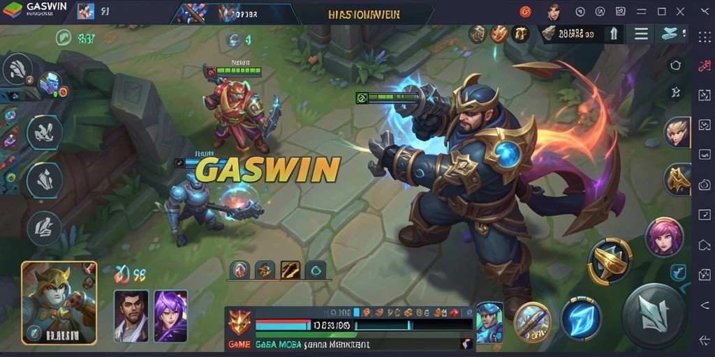 Screenshot utama GASWIN menampilkan aksi MOBA yang mendebarkan.