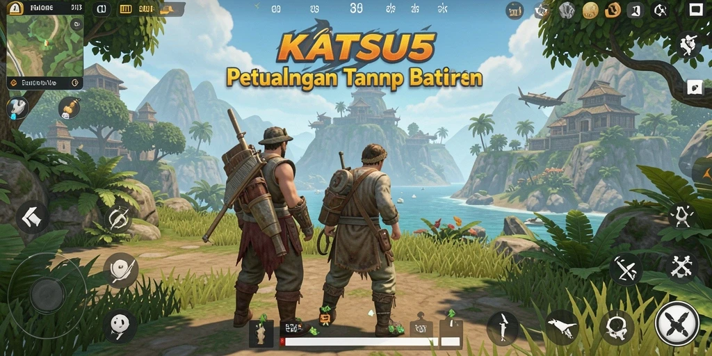 Tangkapan layar gameplay KATSU5 yang menampilkan petualangan di dunia terbuka.